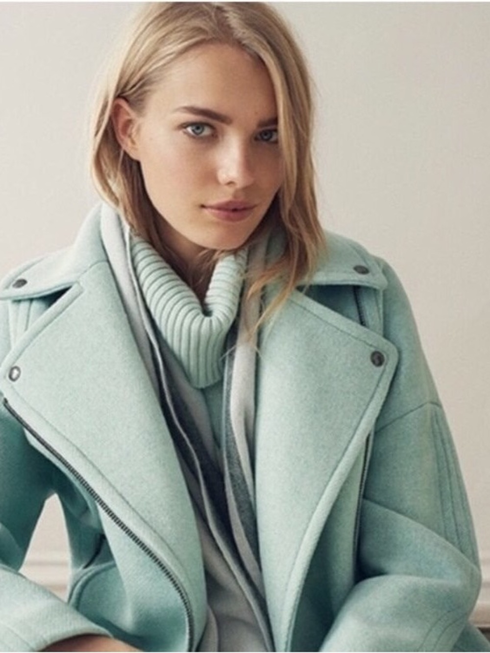 Banana Republic Oversized Mint Green Wool-Blend Moto Pea Coat